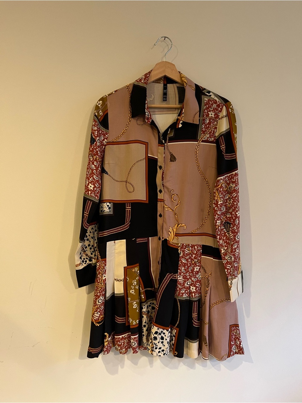 Zara Multicolor Patchwork Shirt Dress - Black, Brown, Cream, Red